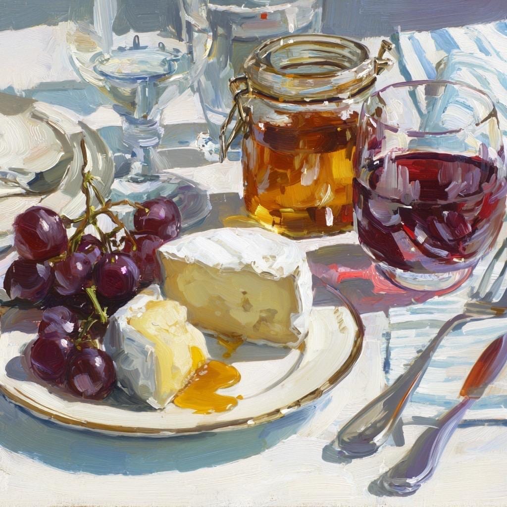 Natura morta con formaggio, uva e vino, dipinto a olio originale * Decorazione murale rustica per cucina * Opere d'arte su cibo e vino * Arte per sala