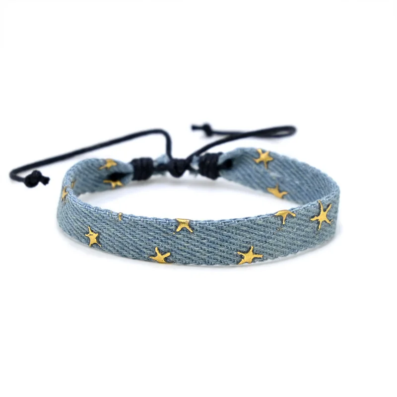 Vintage Stern Muster Blau Literarischen Denim Stoff Armband Für Frauen Männer Gothic Ethnische Handgewebte Handgelenk Strap Mode Schmuck Geschenk