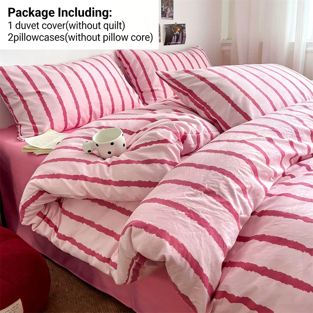3-teiliges einfaches Bettbezug-Set mit rosa Streifen und 2 Kissenbezügen, weiches Bettwäsche-Set aus gewaschener Baumwolle für Mädchen, 150 x 200 cm, Schlafzimmerdekoration Image