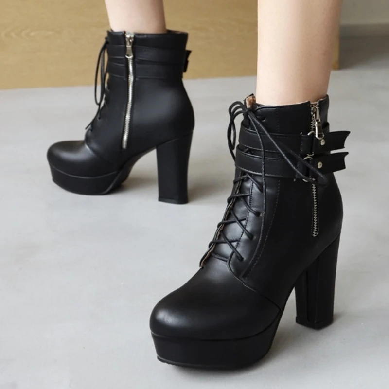 Große Größe 48, schwarze Stiefeletten für Damen, Winterschuhe, Schnalle, Reißverschluss, Block, High Heels, rot, weiß, Schnürung, kurze Stiefel, Schuhe, Neu 2025