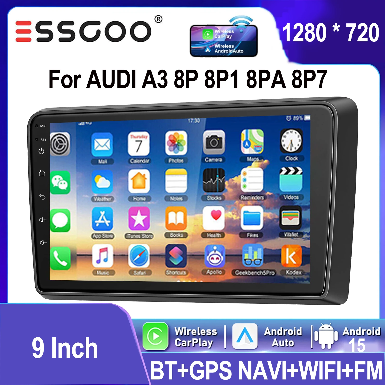 ESSGOO Android 15 Autoradio GPS Navigation 9 Zoll IPS Touchscreen für Audi A3 8V S3 8P RS3 2003-2013 Apple CarPlay Android Auto Drahtlos WIFI FM BT RDS Lenkradfernbedienung Spiegel Link ASP Sound