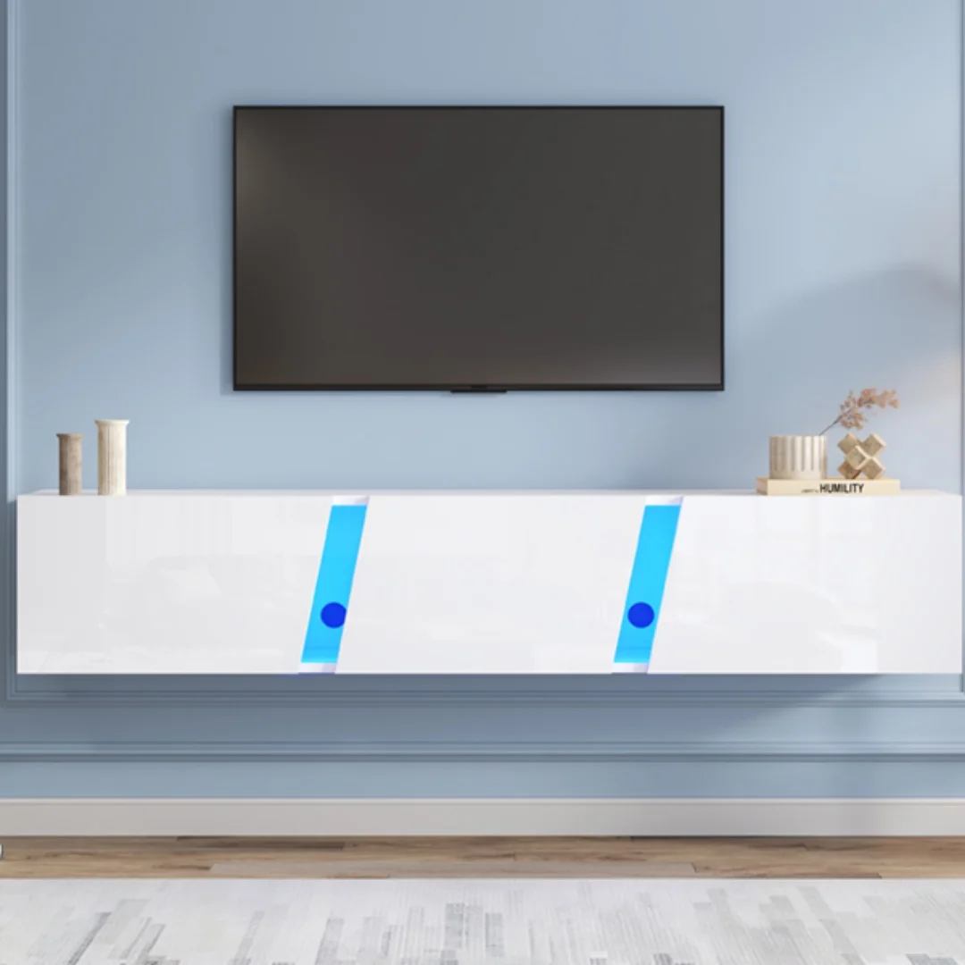 Meuble TV mural, meuble TV bas avec éclairage LED, meuble TV avec 3 portes, adapté pour téléviseur de 75 pouces. Le meuble TV a une finition brillante, mesure 180 x 35 x 30 cm.