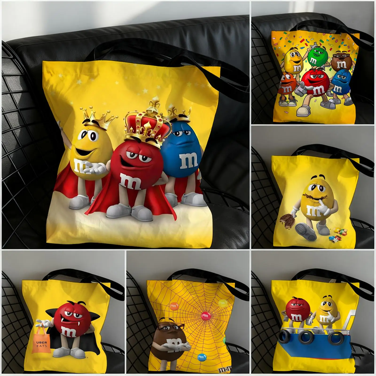 M-M&M's Schokoladen-Süßigkeiten-Aufbewahrungstaschen, Canvas-Tragetasche mit doppelseitigem Aufdruck, große Kapazität, modische Schulter-Einkaufstasche Image