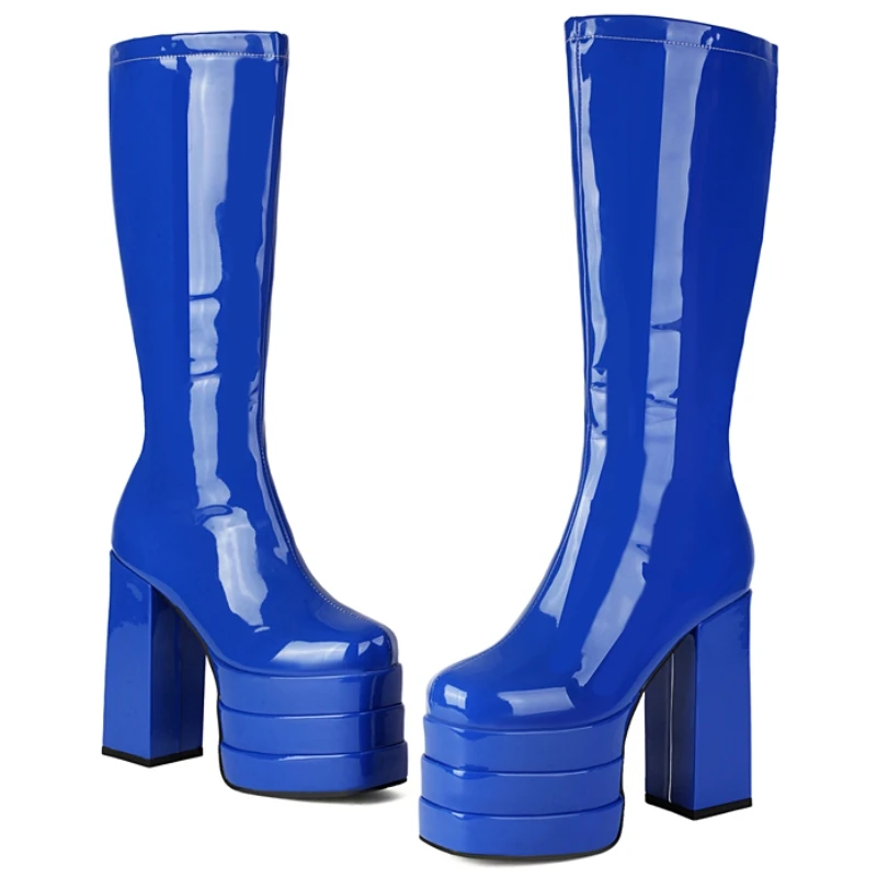 Blaue kniehohe Stiefel für Damen, Plattform, sexy Reißverschluss, dicke High Heels, schwarz, weiß, langer Stiefel, Winterschuhe, wasserdicht, große Größe 46,