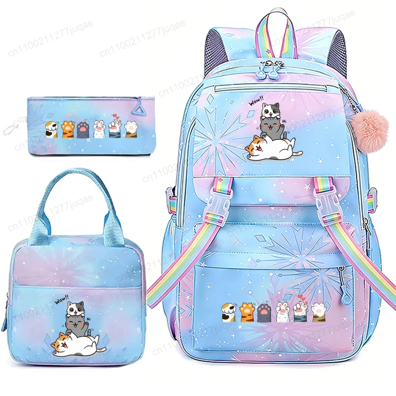 Ensemble de 3 sacs à dos Kawaii Cat Anime, sac d'école mignon pour adolescents, sac à dos de dessin animé avec sac à lunch, sac d'école de voyage pour filles