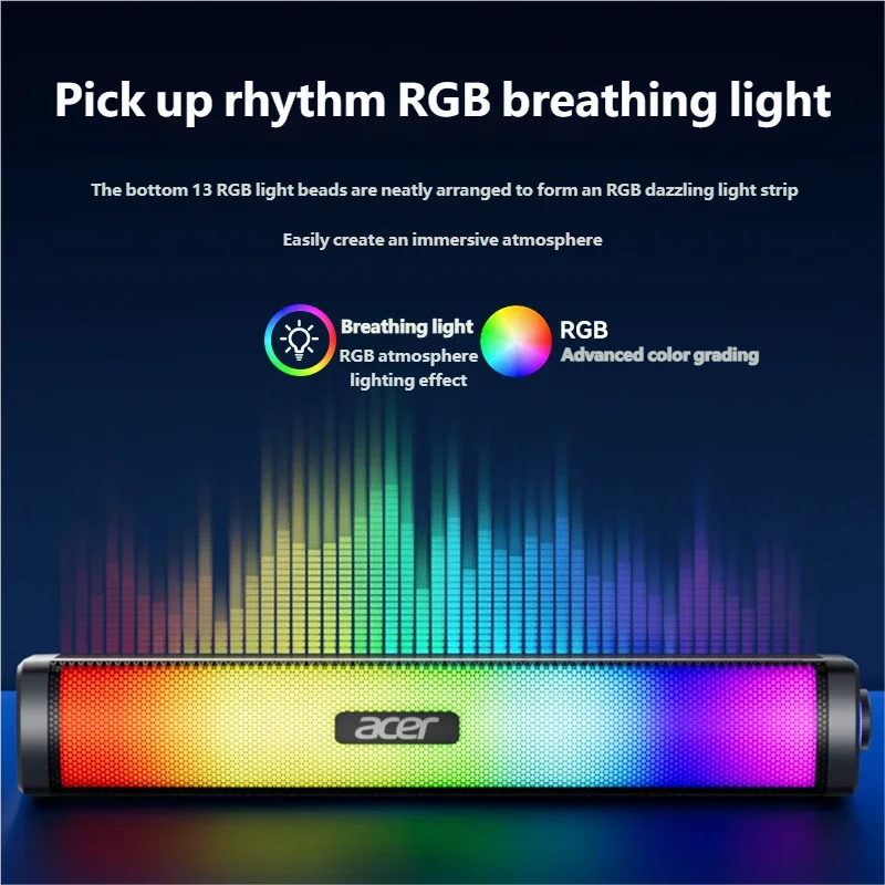Barre de son Acer RGB avec caisson de basses, enceinte surround 3D pour la maison, haut-parleur double mode USB Bluetooth, stéréo pour PC, musique, gamer, haut-parleur filaire