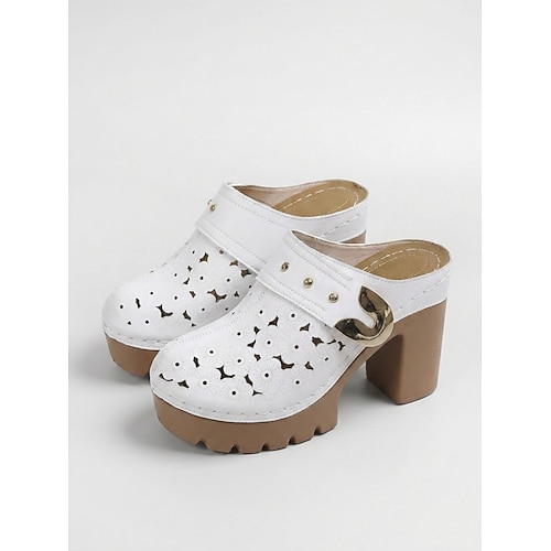 Perforierte Damen-Clogs mit Blockabsatz – Retro-Clogs mit Absatz und Nietenbesatz, offene Schuhe hinten für Freizeitaktivitäten und Sommerveranstaltungen Image
