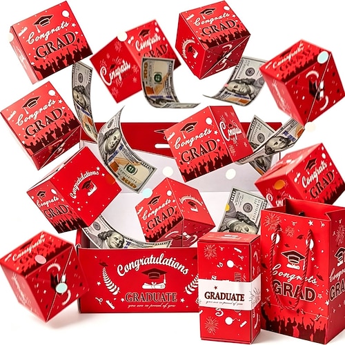 Überraschungs-Pop-up-Geschenkbox für Absolventen, festliche blaue Geschenkbox aus Papier mit Kappenmotiv, faltbare Geldgeschenkbox zum Selbermachen, einzigartige faltbare Pop-up-Geschenkboxen mit springendem Geld. Image