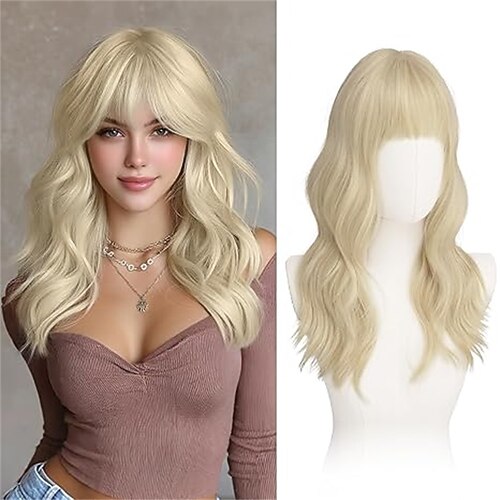 Braune Perücke mit Pony – 50 cm lange, weiche, gewellte, natürlich aussehende, hitzebeständige Kunsthaarperücke für Damen, ideal für Alltag und Partys, blond-braun gemischt Image