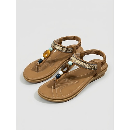 Boho-Sandalen für Damen mit Perlenbesatz – braune, flache Sandalen mit T-Riemen und Natursteinverzierung Elastischer Rückenriemen für Inselurlaube und Strandurlaube Sommerurlaubsoutfits Image