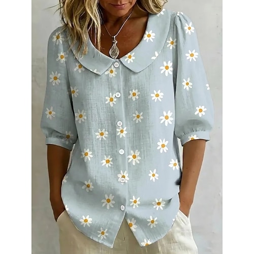 Damen Hemd Blumen Elegant Bohemien Urlaub Peter Pan Kragen Crop Tops Lässig Täglich Streetwear Weiß Orange Grün Beige Leicht Blau Sommer Frühling Image