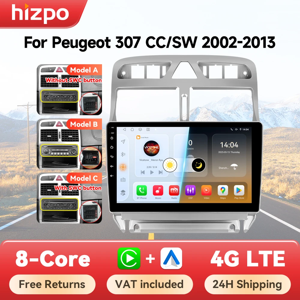 Hizpo 6115 Autoradio Für Peugeot 307 307CC 307SW 2002 - 2013 Drahtlose CarPlay Android Auto Intelligente Systeme Nr. 2 din 2din DVD Image
