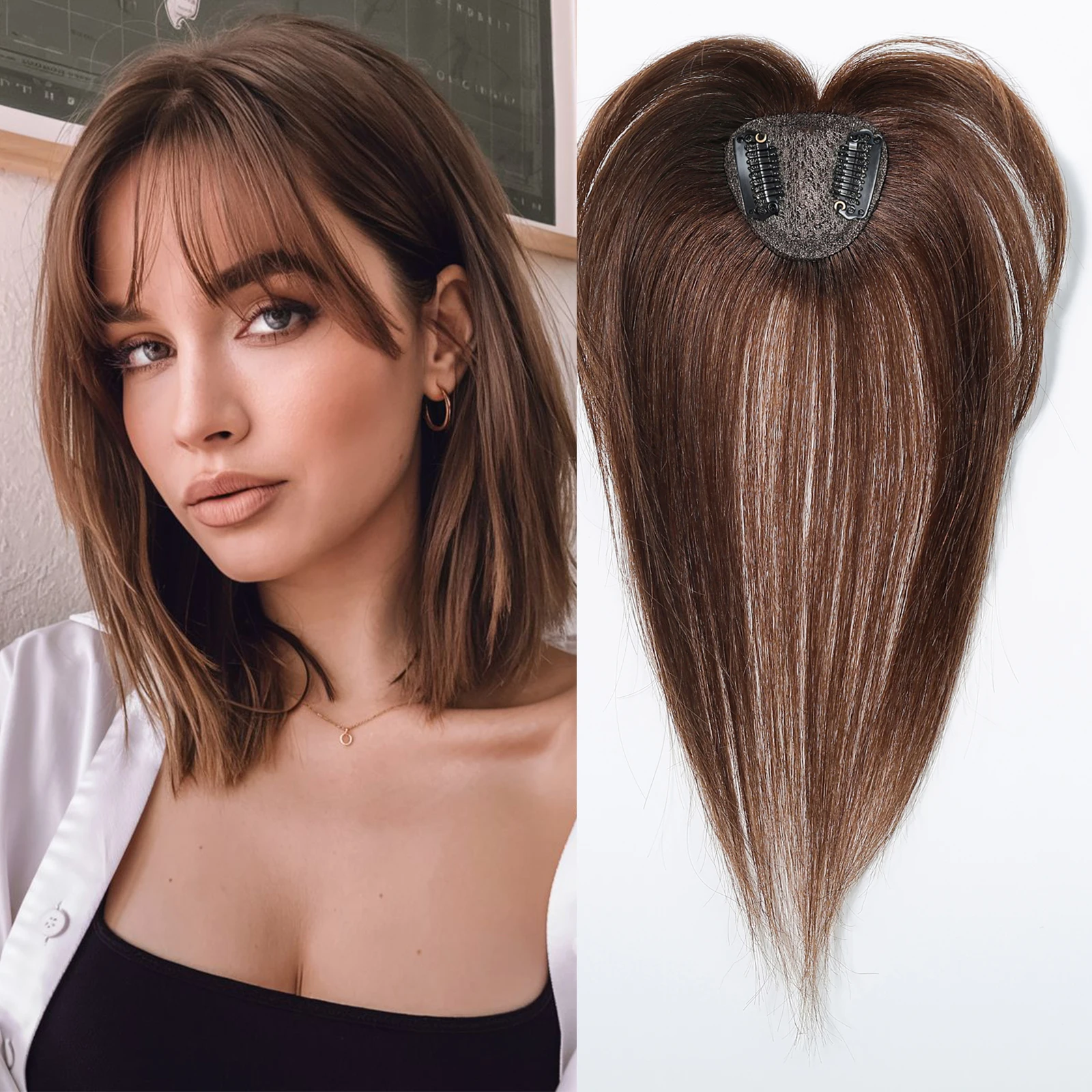 Schokoladenbrauner weiblicher Haaraufsatz, 25,4 cm, Echthaarteile mit Pony, Topper für Frauen, braune Haarverlängerungen, Echthaar-Pony Image