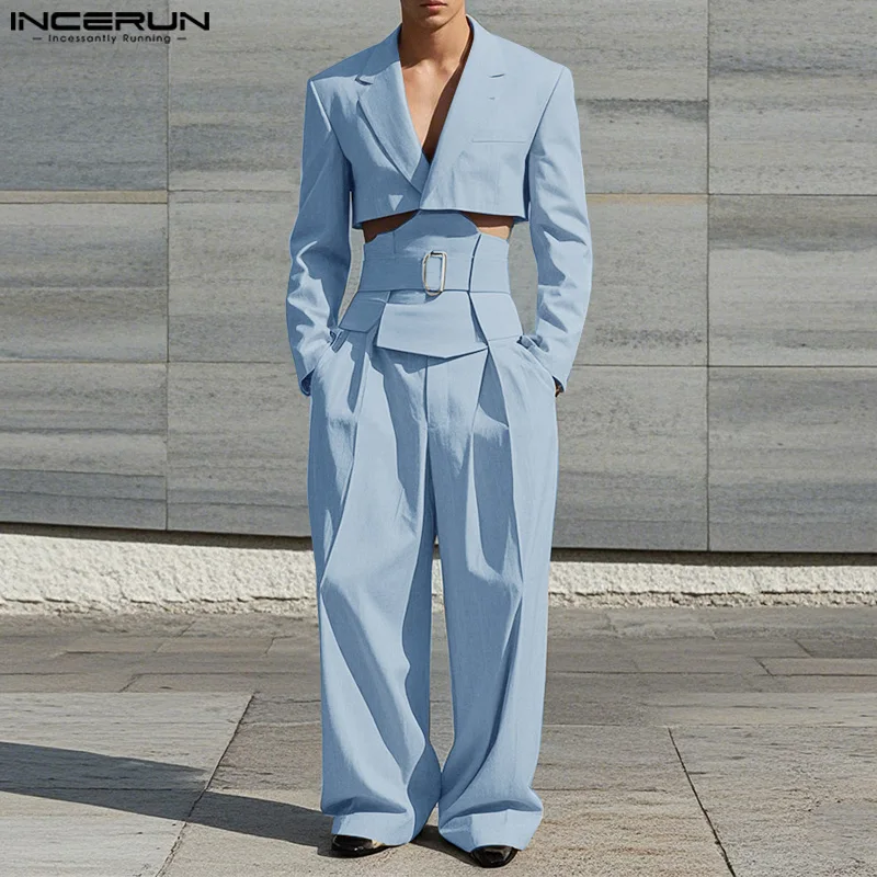 INCERUN 2025, Amerikanischen Stil, Mode-Sets für Männer, abgeschnittener Bund, Design-Anzug, breites Bein, lange Hosen, lässig, solide, zweiteilige Sets, S-5XL Image