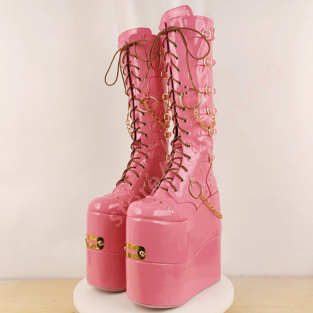 Plattform Metall Schnalle Punk Bühne Stiefel 2025, Neue Runde Kappe Street Rock Keil Motorrad Stiefel Mode Party Gothic Lange Stiefel