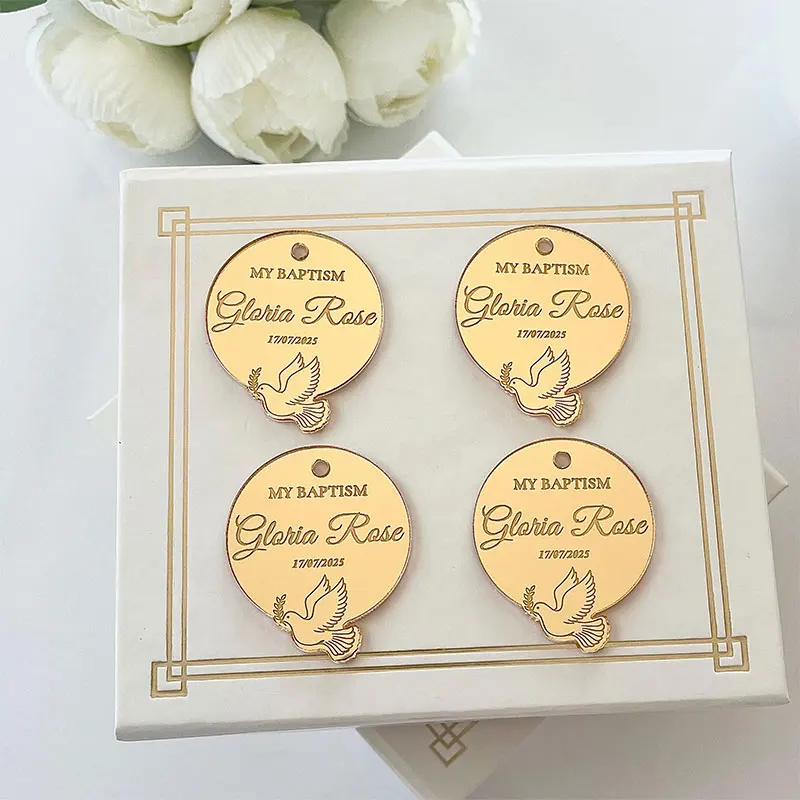 Personalisierte Gold-Spiegel Taufgeschenk-Etiketten Maßgefertigte Acryl-Kreuz Mi Bautizo Hochzeit Kommunion Party Geschenkanhänger Image