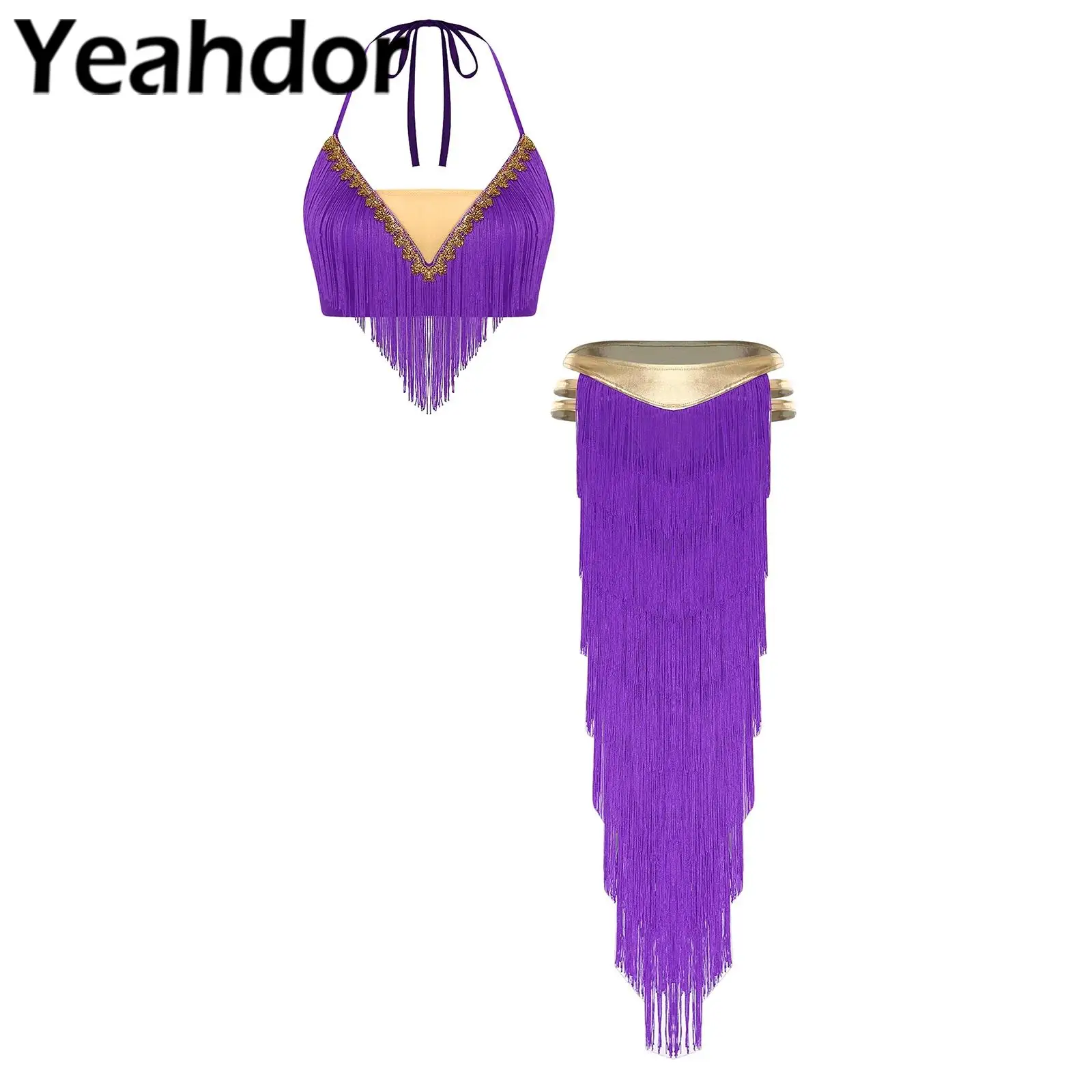 Tenue de danse du ventre pour femmes, avec franges, haut court à lacets et à franges dorées, et jupe à franges superposées, vêtements de danse du ventre