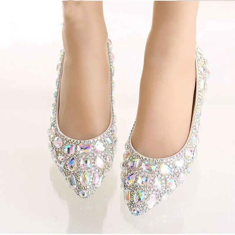 Frühling spitze Zehen flache Farbe Kristall flache Hochzeitsschuhe Bankettkleid bequeme tägliche große Strass Damenschuhe