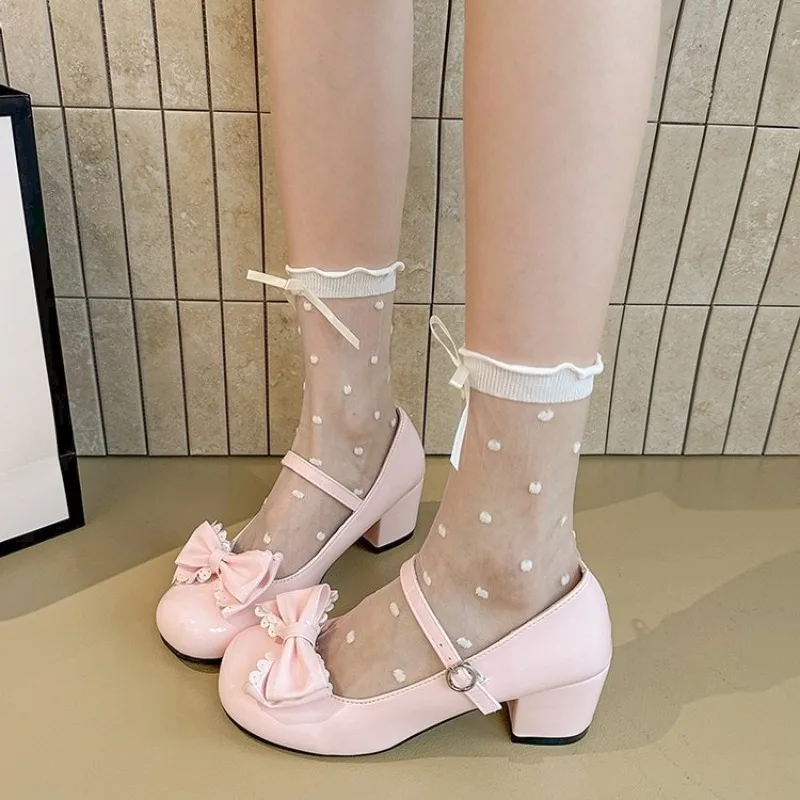Niedliche und elegante Lolita-Schuhe im Prinzessinnen-Stil, runde Zehenpartie mit Schleife, 2026 neue tägliche Mary-Jane-Schuhe mit mittlerem Absatz