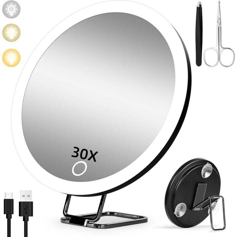 Aiperq - Specchio Ingranditore 30x Con Luce, 15 Cm, 3 Modalità Di Oscuramento Del Colore, Specchio Per Il Trucco Illuminato 30x, Grande Specchio Ingranditore Da Viaggio Ricaricabile Con 3 Ventose E Supporto Da