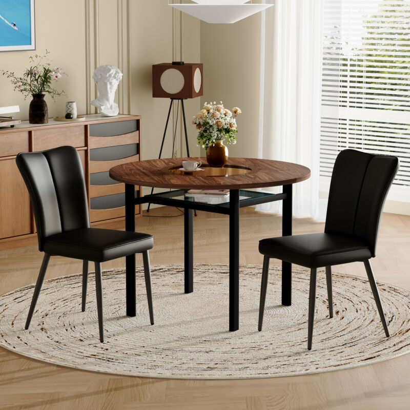 Set Da Pranzo Rotondo Mdf Effetto Legno Marrone E Metallo Con 2 Sedie In Pu Nero, Tavolo Ø100 Cm Con Ripiano In Vetro