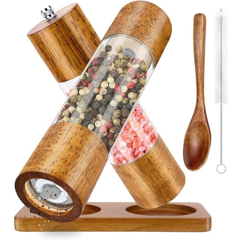 Macinapepe Manuale In Legno, Macinaspezie Con Macinino In Ceramica Regolabile, Set Di 2 Saliere E Pepiere - Macinapepe Da Cucina - Macinasale, Per Sale Marino, Peperoncino, Pepe (20 Cm)