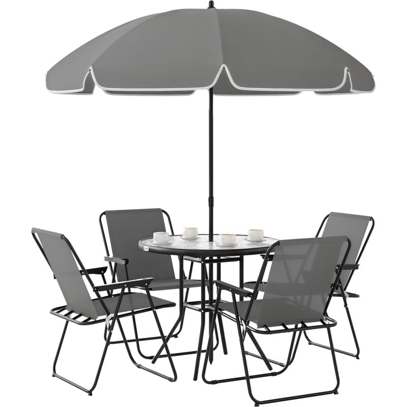 Set Di Mobili Da Giardino A 4 Posti, Composto Da Tavolo E Sedie Da Giardino A 6 Pezzi Con Ombrellone, Set Da Pranzo Per Esterni Con Sedie Pieghevoli E Tavolo Rotondo Con Piano In Vetro Per Patio, Grig