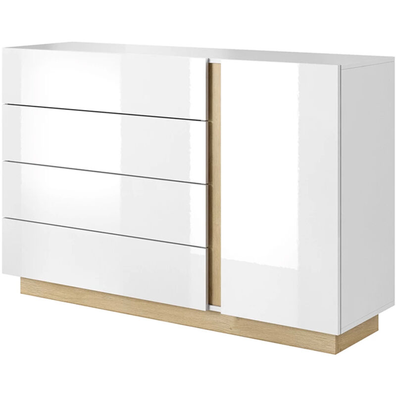 Mobile Comò 4 Cassetti E Anta Cassettiera Capiente Contenitore Design Moderno Multiuso Ripiano Per Abiti Biancheria Arredo Camera Da Letto Cameretta Salvaspazio 138.2 X 90.5 X 40 Cm Bianco E Rovere