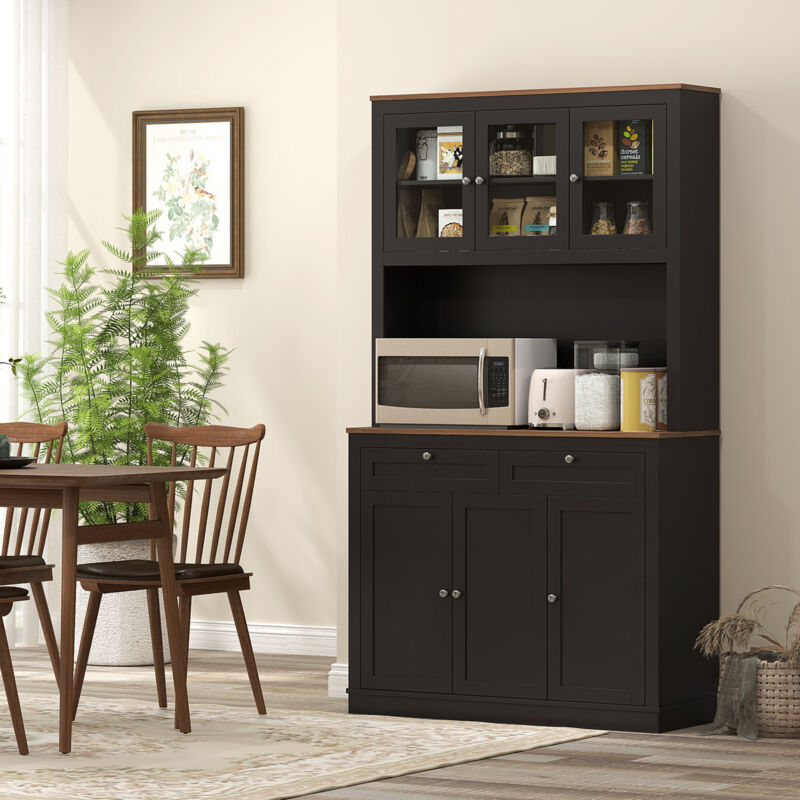 Credenza Cucina Con Armadietti, 2 Cassetti E Piano Portamicroonde, Mobile Dispensa Stretto Con Ante In Vetro E Ripiani Regolabili, Mobile Cucina Per Soggiorno Sala Da Pranzo, 100x40x180cm, Nero