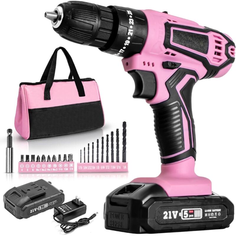 Trapano Avvitatore Elettrico A Batteria, Set Trapano E Cacciavite A Batteria Da 12 V, Kit Trapano Elettrico Combinato Con Coppia 25+1, 2 Velocità, Set Di Accessori Fai Da Te Rosa