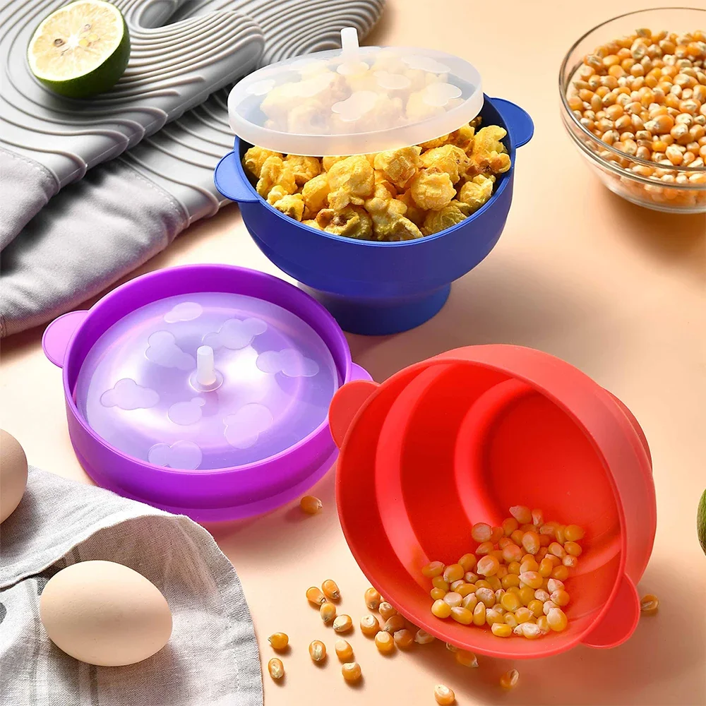 1/3Pcs Silikon DIY Mikrowelle Popcorn Schüssel Eimer Rot Popcorn Maker mit Deckel Chips Obst Gericht Hohe qualität Küche Einfache Werkzeuge Image