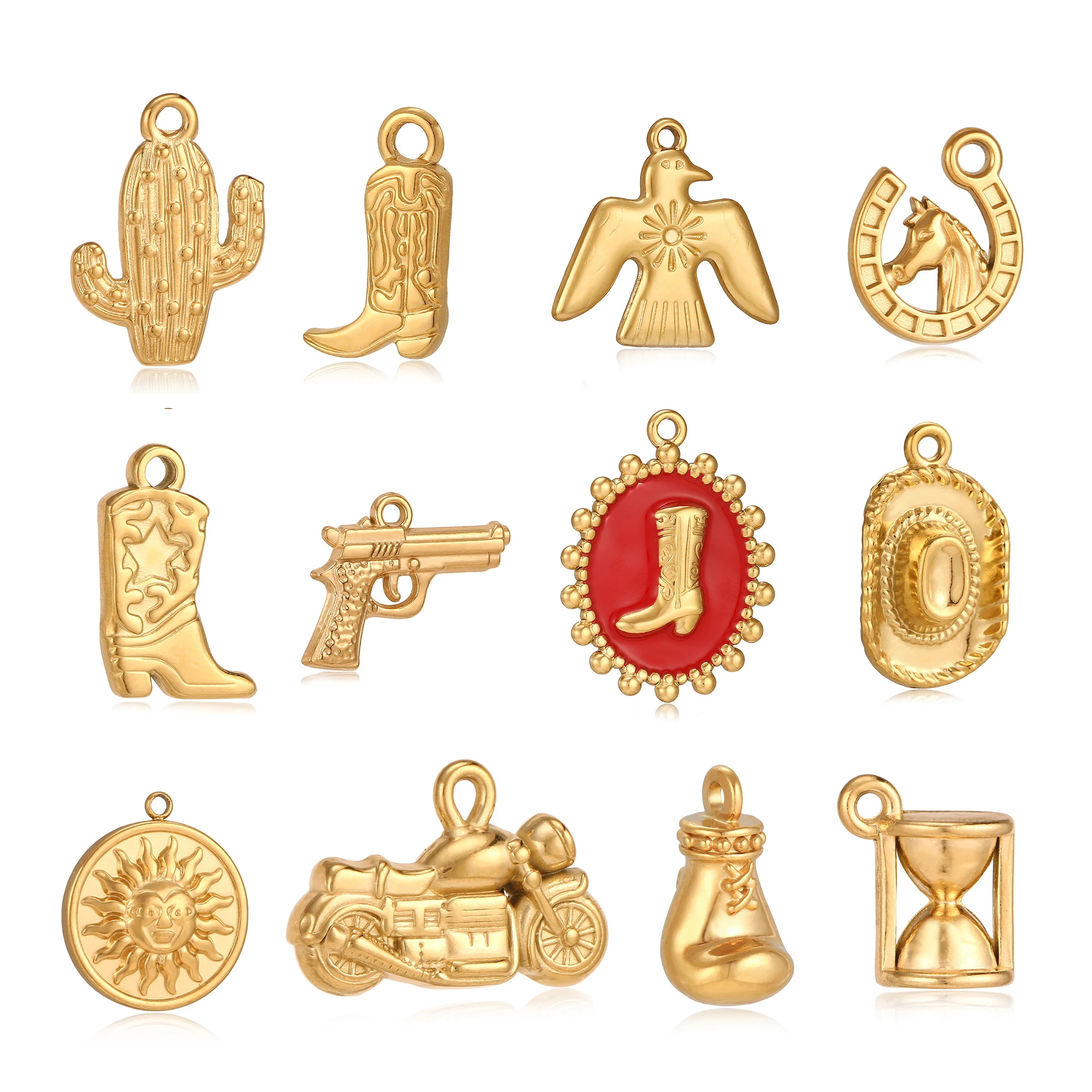 3-teiliges Set: Hut/Boxhandschuhe/Stiefel/Tropischer Kaktus Charm aus Edelstahl, Hip-Hop Cowboy Anhänger für DIY Armband Halskette Schmuckherstellung