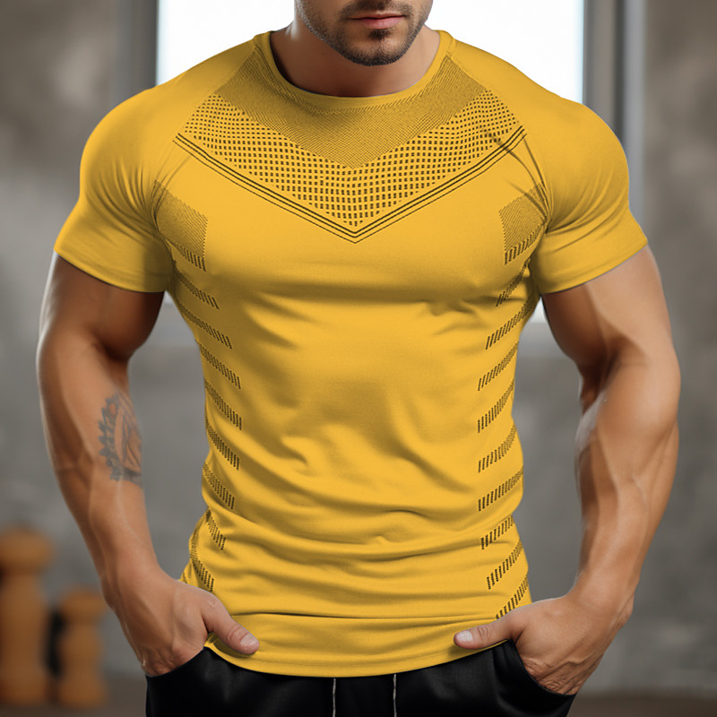 Men's Fitness Tops Sports T-Shirt Crew Neck Short Sleeve Sport Casual Daily Gym Quick dry Breathable Soft Color Block Black Yellow Activewear Polyester Fashion Basic