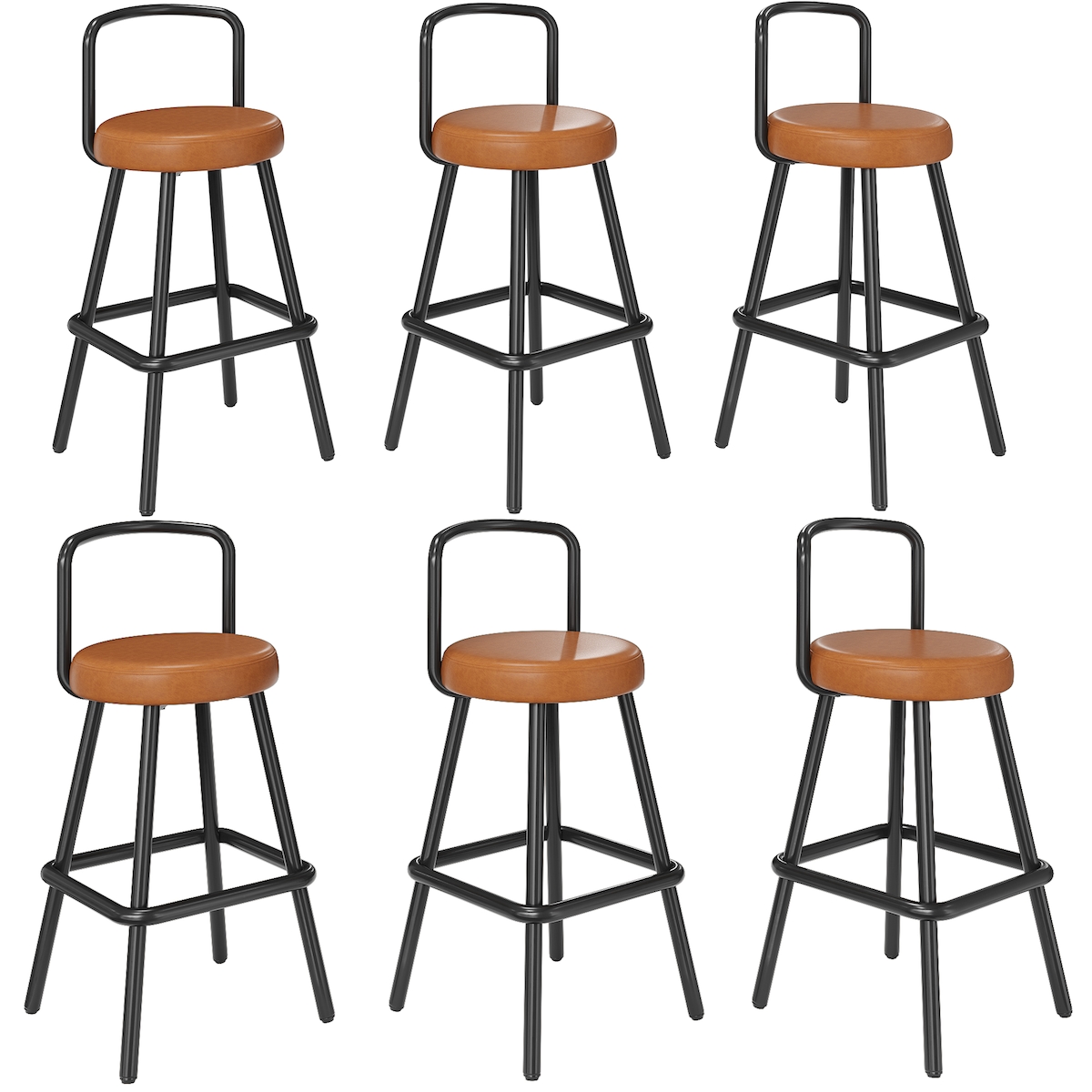 MODFU Barhocker PU-Leder Braun mit Metallgestell und Rückenlehne, 37x37x90,5 cm, mit Fußablage Image
