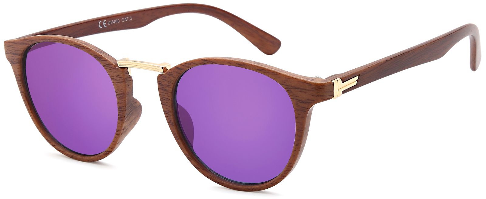 Sonnenbrille STYLEBREAKER "Panto Sonnenbrille Holzoptik Runde Retro Brille UV400", Damen, lila (gestell braun, gold, glas lila verspiegelt), Modisch, Sonnenbrillen Sonnenbrille