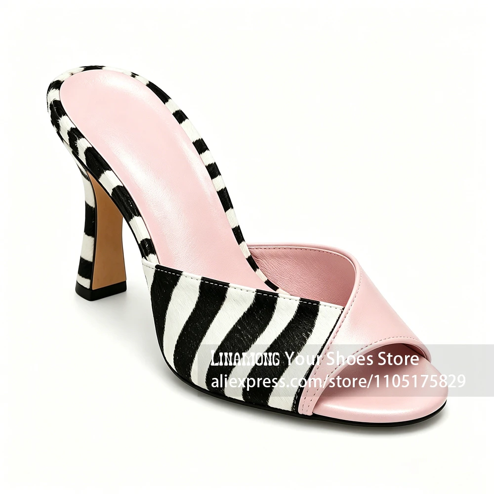 Zebra-Streifen Peep-Toe Mules Kunstfell Stiletto-Pantoletten Runde Offene Zehen Slip-On Sommerschuhe Maßgefertigte Mehrfarbige Damenschuhe Image