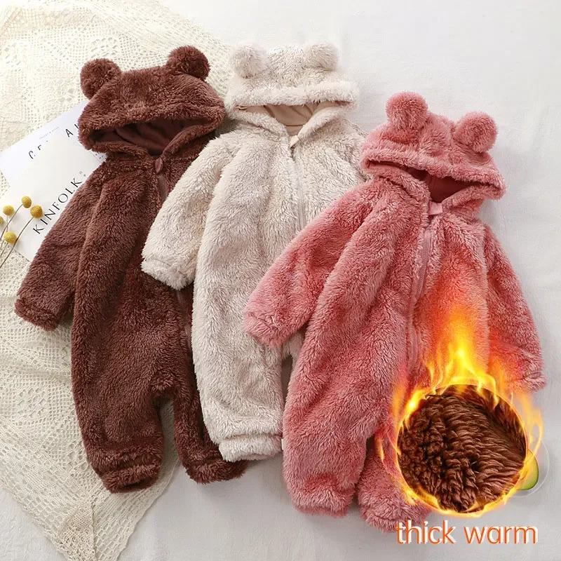 Dicke Warme Baby Strampler Nette Winter Säuglings Overalls Mit Kapuze Korallen Fleece Bär Form Neugeborenen Weiche Pyjamas Overalls Kleidung Image
