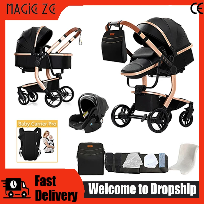 PU-Leder-Kinderwagen 3-in-1 für Neugeborene, Reisekinderwagen, luxuriöser, kompakter, faltbarer Kinderwagen mit Autositz, wasserdichter Buggy