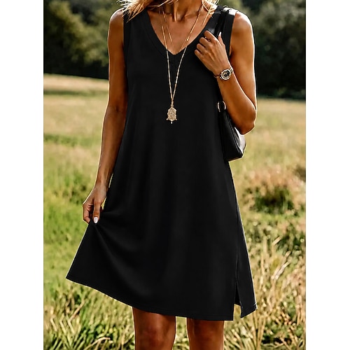 Damen Minikleid Weißes Kleid T-Shirt-Kleid A Linie Kleid Sommerkleid Urlaub Lässig Strand Täglich Ferien Sommerkleid Lässiger Schnitt Einfach Ärmellos V Ausschnitt Blau Schwarz Weiß Grün Sommer Image