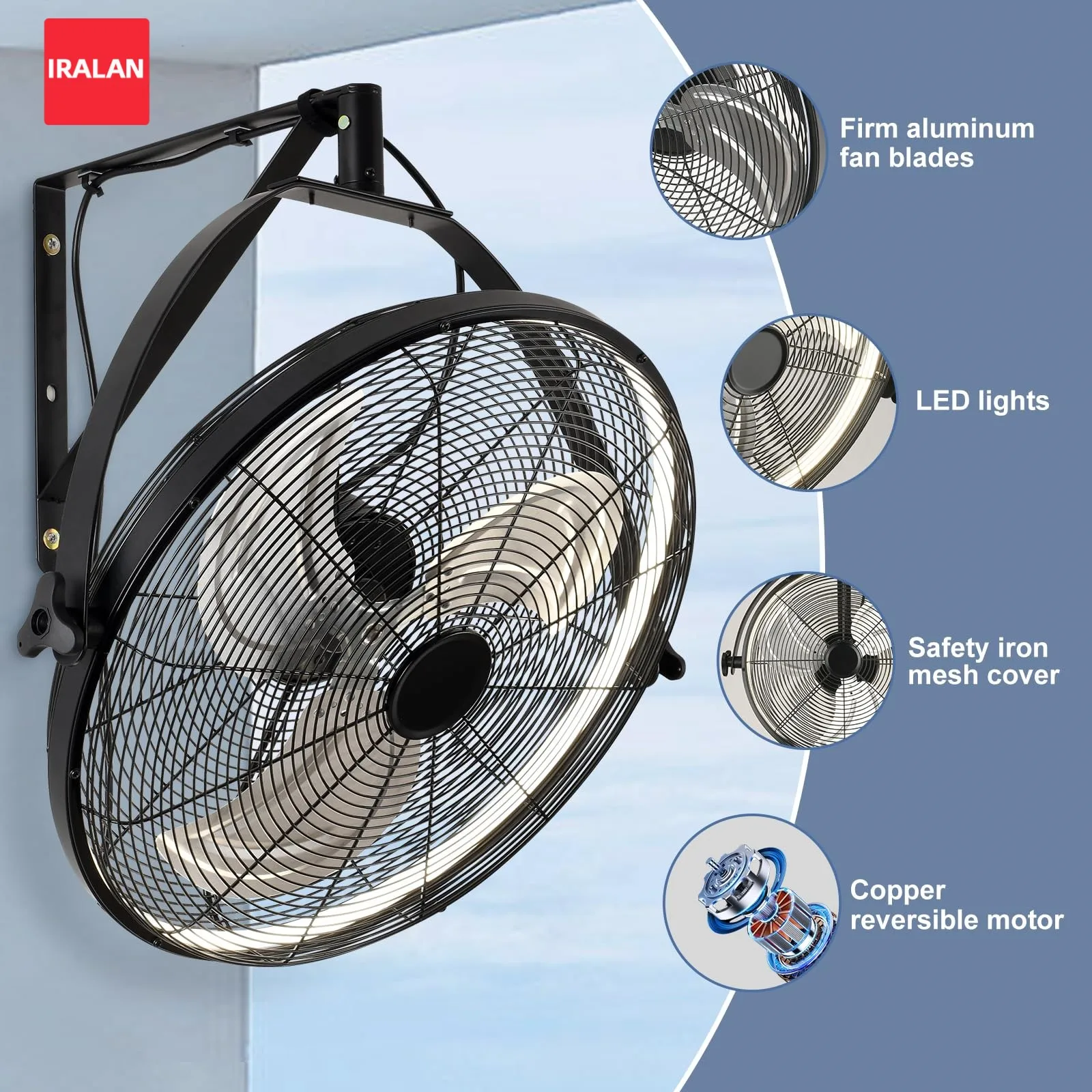 IRALAN Elektrischer Ventilator mit LED-Lampe und Fernbedienung, Wandmontage, intelligente Fernsteuerung, 6-stufiger, leiser und zeitgesteuerter Deckenventilator mit Beleuchtung Image