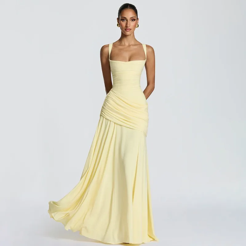 Damen Gelbes Tief Ausgeschnittenes Rückenfreies Hochgeschnittenes Kleid mit Spaghettiträgern Vestidos Party Club Damen Robe Elegantes Abendkleid