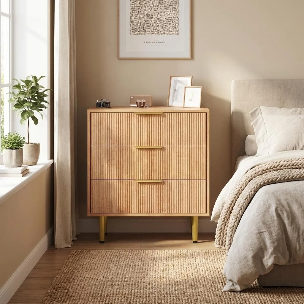 Kommode aus Spanplatte mit vertikalen, konischen Eisenbeinen, Art-Déco-Kommode, Schlafzimmer-Kommode, Vintage-Holzkommode, 3-Schubladen-Kommode, geriffelte Schubladen