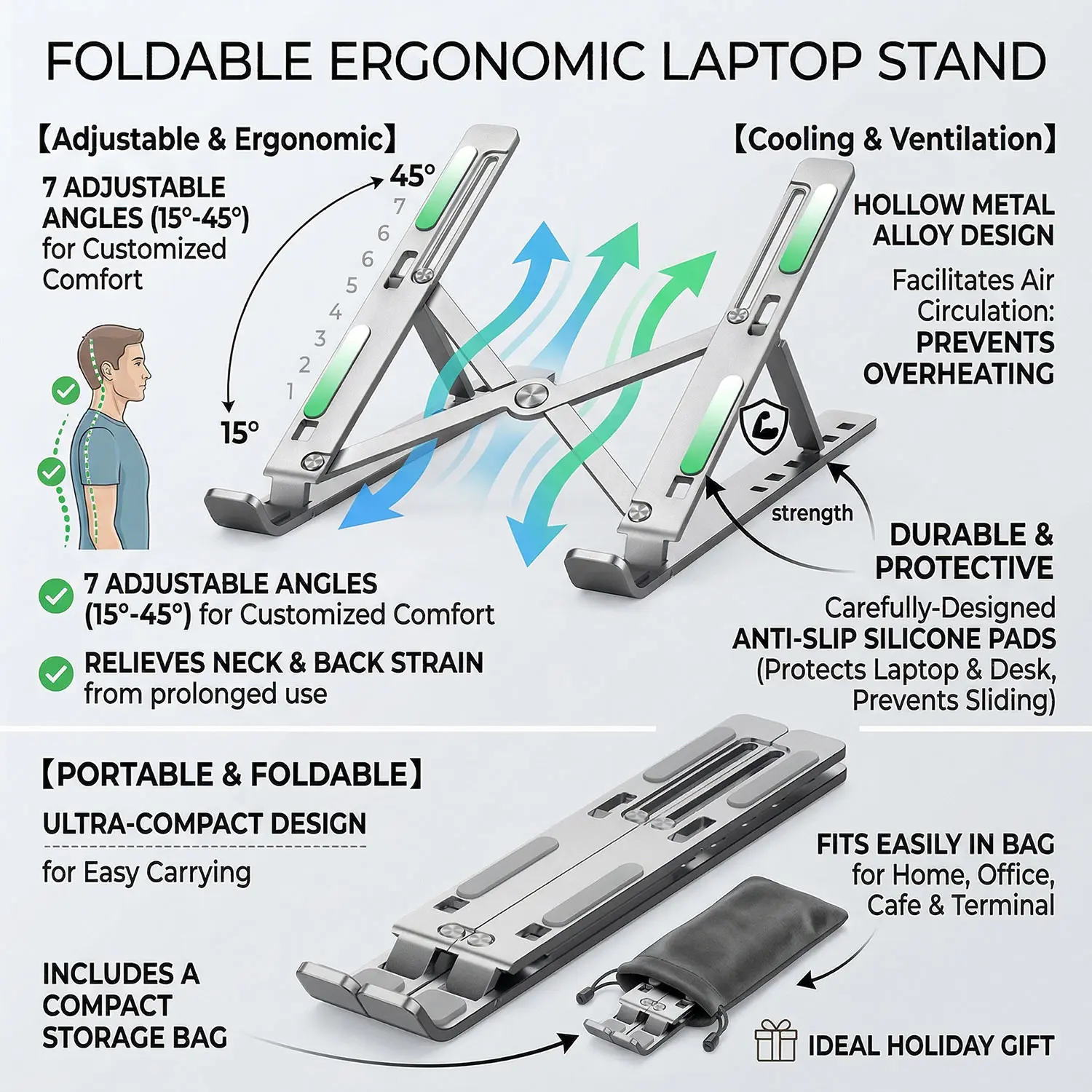 Für Macbook Laptop-Ständer, zusammenklappbar, verstellbar, Aluminium, Computer-PC-Tablet-Ständer, Notebook-Tisch, Laptop-Halter, Wärmeableitung Image