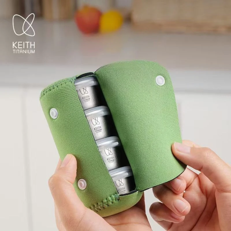 KEITH Titan-Mini-Behälterset, 4 Stück luftdichte Pillen-/Gewürz-/Teedosen mit Aufbewahrungstasche, auslaufsichere Dosen für Outdoor-Reisen und Camping Image
