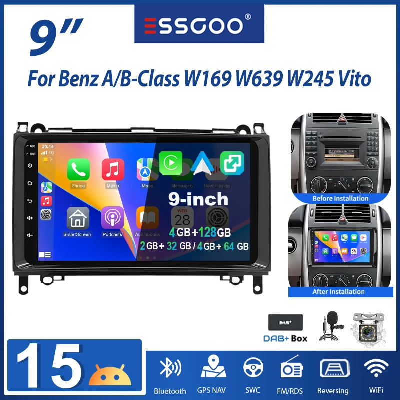 ESSGOO 9" Android15 2+32G 4+64G 4+128G für Mercedes Benz A Klasse B Klasse W169 W639 Vito Viano W906 Sprinter Autoradio kabelloses CarPlay Android Auto GPS Navigation RDS FM WIFI Bluetooth Mirror Link Image