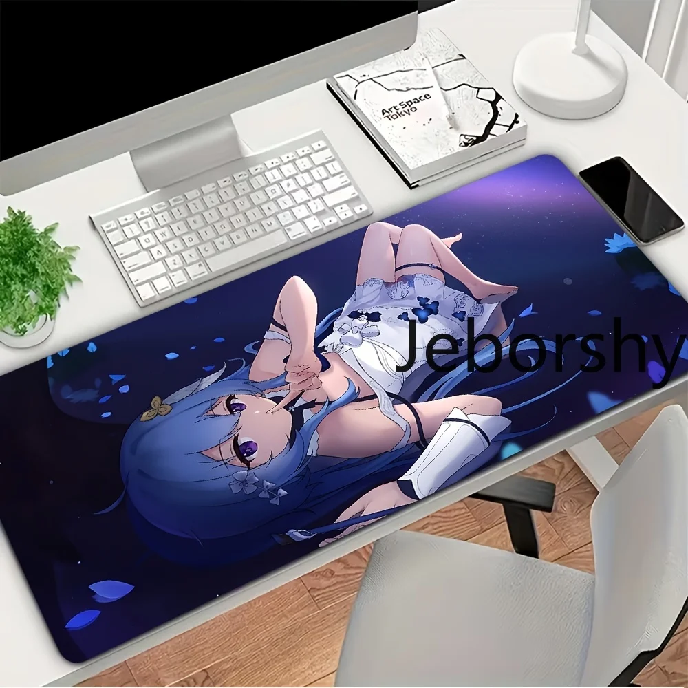 Blaue Haare Anime-Mädchen Schreibtischunterlage, Großes Gaming-Mauspad mit Nachthimmel & Schmetterlingen, Rutschfeste Unterseite für Fans Image