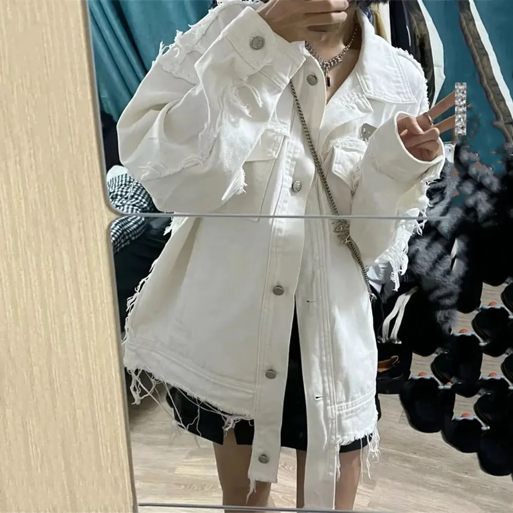 Weiß frauen Denim Jacke Frühling Große Größe 4XL Grate Quaste Trend Chic Denim Streetwear Harajuku Weibliche Jean Mantel Denim outwear