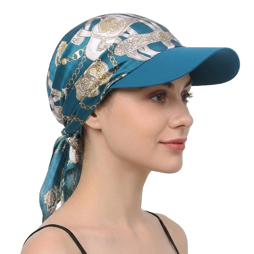 Damen Mode Bedruckter Satin-Kopftuch-Hut mit Krempe Sonnenhüte Sommer Weiche Atmungsaktive Kopftuch-Kappen Baseballkappe Image