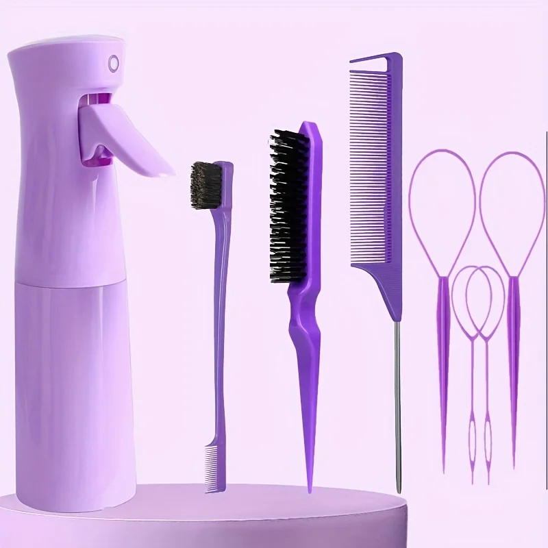 Set per lo styling dei capelli da 8 pezzi, flacone spray da 6,76 oz e spazzola per capelli in nylon, pettine a coda di topo, spazzola per il controllo dei bordi e strumento per la coda dei capelli