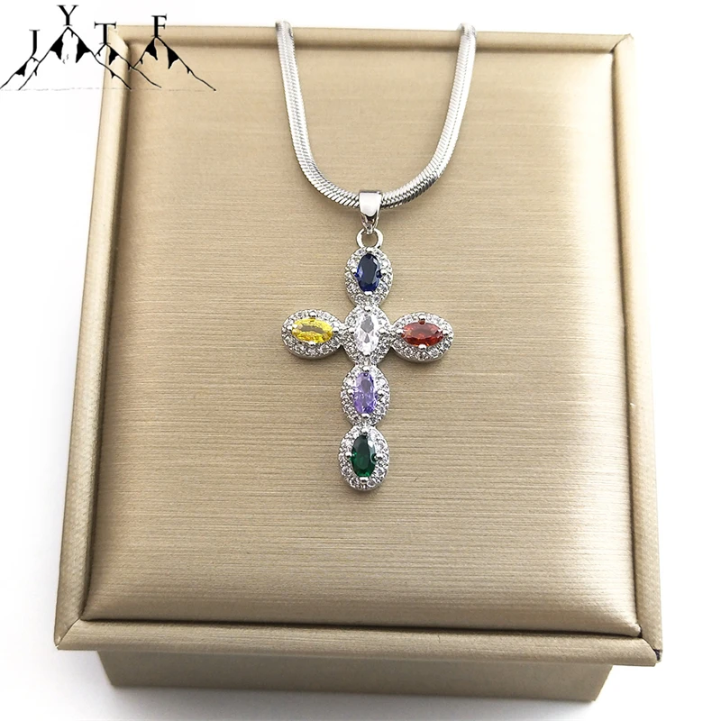 Multi Farbe Kristall Zirkon Kreuz Halskette für Frauen Edelstahl Silber Farbe Charme religiöse Halsketten Schmuck GiftHH42-5 Image